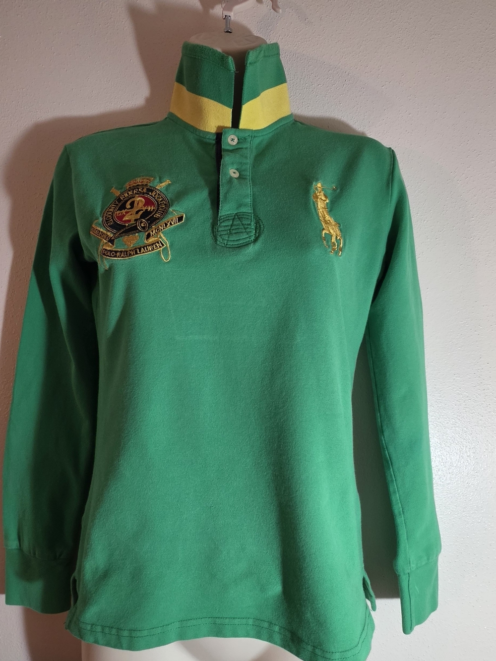 Ralph Lauren Green Long Sleeve Polo Top with Yellow Accents